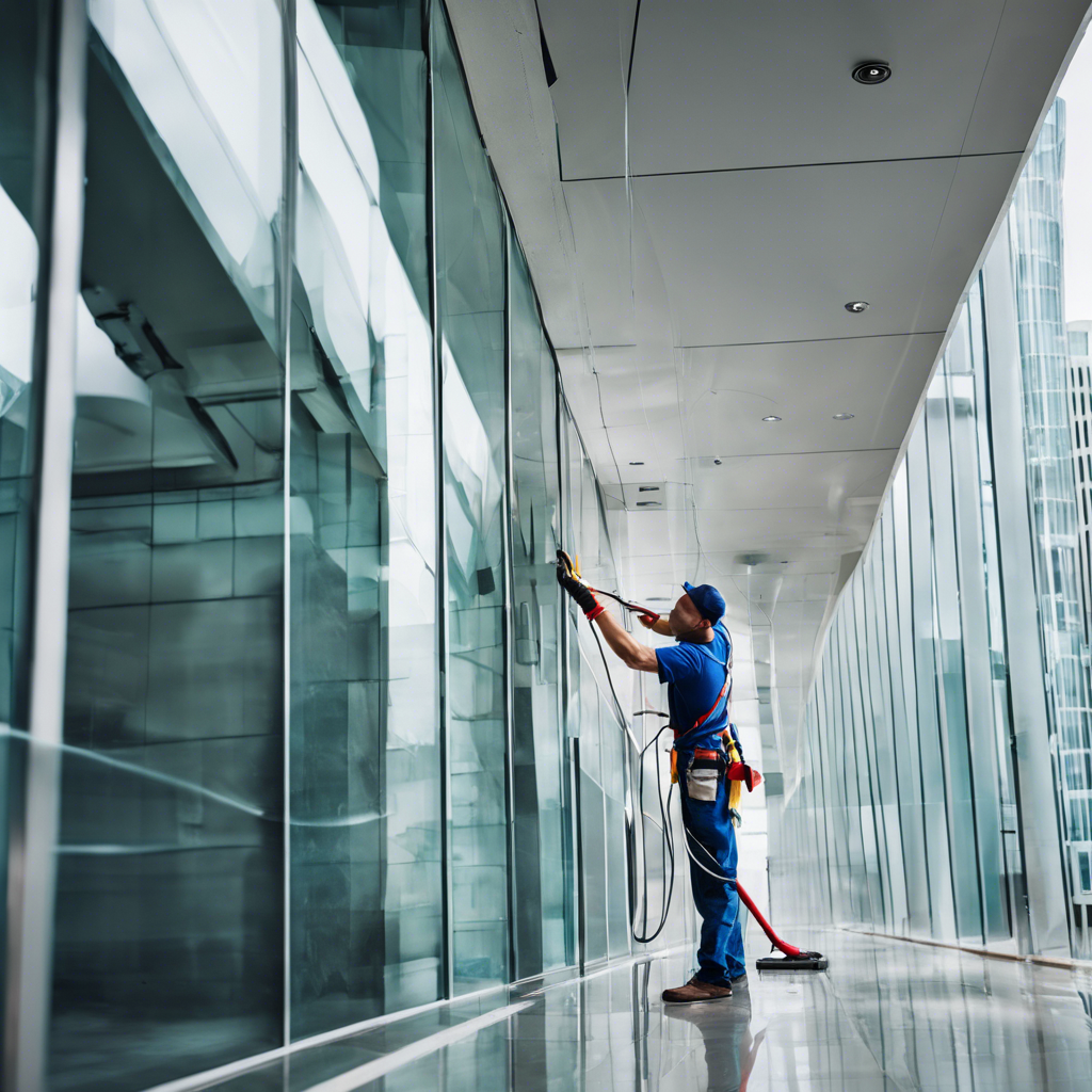 A dry cleaning shop named 'HLP Cleaners' is located on a dimly lit street. The store has a prominent sign above the entrance, and its windows are illuminated with a warm yellow light. A sign on the door lists services such as dry cleaning, laundry, and suede & leather cleaning. The building exterior is simple with a combination of dark tiles and light-colored upper walls. The entrance is flanked by two closed doors, likely of neighboring establishments.