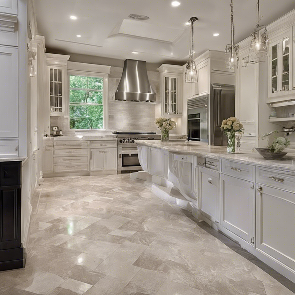 A set of cleaning products is arranged on a light-colored marble surface. The items include two metal spray bottles, a small glass bottle with a liquid, a natural bristle brush, and a cloth with dark stripes. Sunlight filters through leaves, casting dappled shadows on the surface.